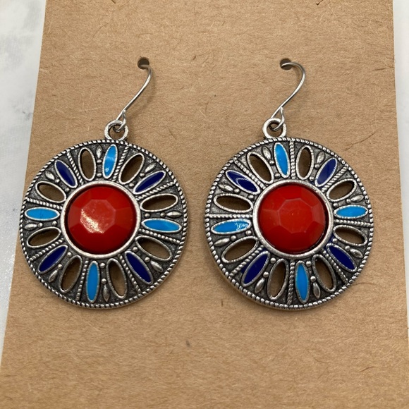 Silver Earrings featuring Red and Blue Gemstones. - Picture 2 of 3